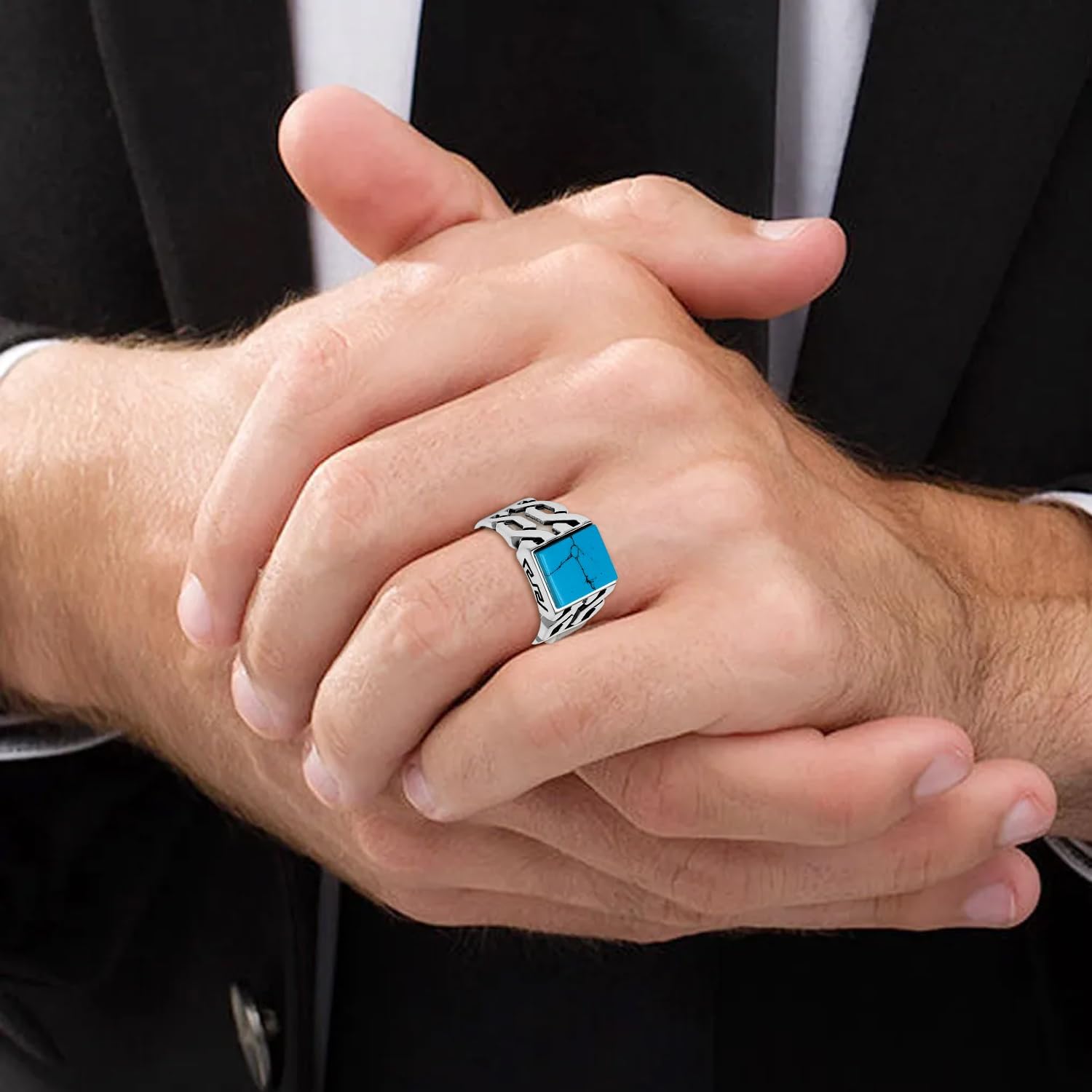 LeCalla 925 Sterling Silver Square Turquoise Stone Men's Ring | Handmade Vintage Design Ring for Men | Antique Mens Rings with Gemstone | Jewelry Gift for Him Dad Father | (Size 8-10 No.)