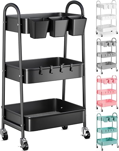 Carrito de metal de 3 niveles con ruedas bloqueables, organizador de almacenamiento de tres niveles negro con ruedas para baño, cocina, lavandería,
