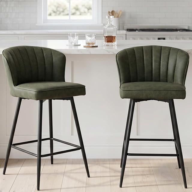EALSON Counter Height Bar Stools Set of 2 Modern Bar Chairs with Back Leather Upholstered Barstools with Metal Footrest Comfortable Island Chairs for Kitchen Counter/Home Bar/Dining Room, Green