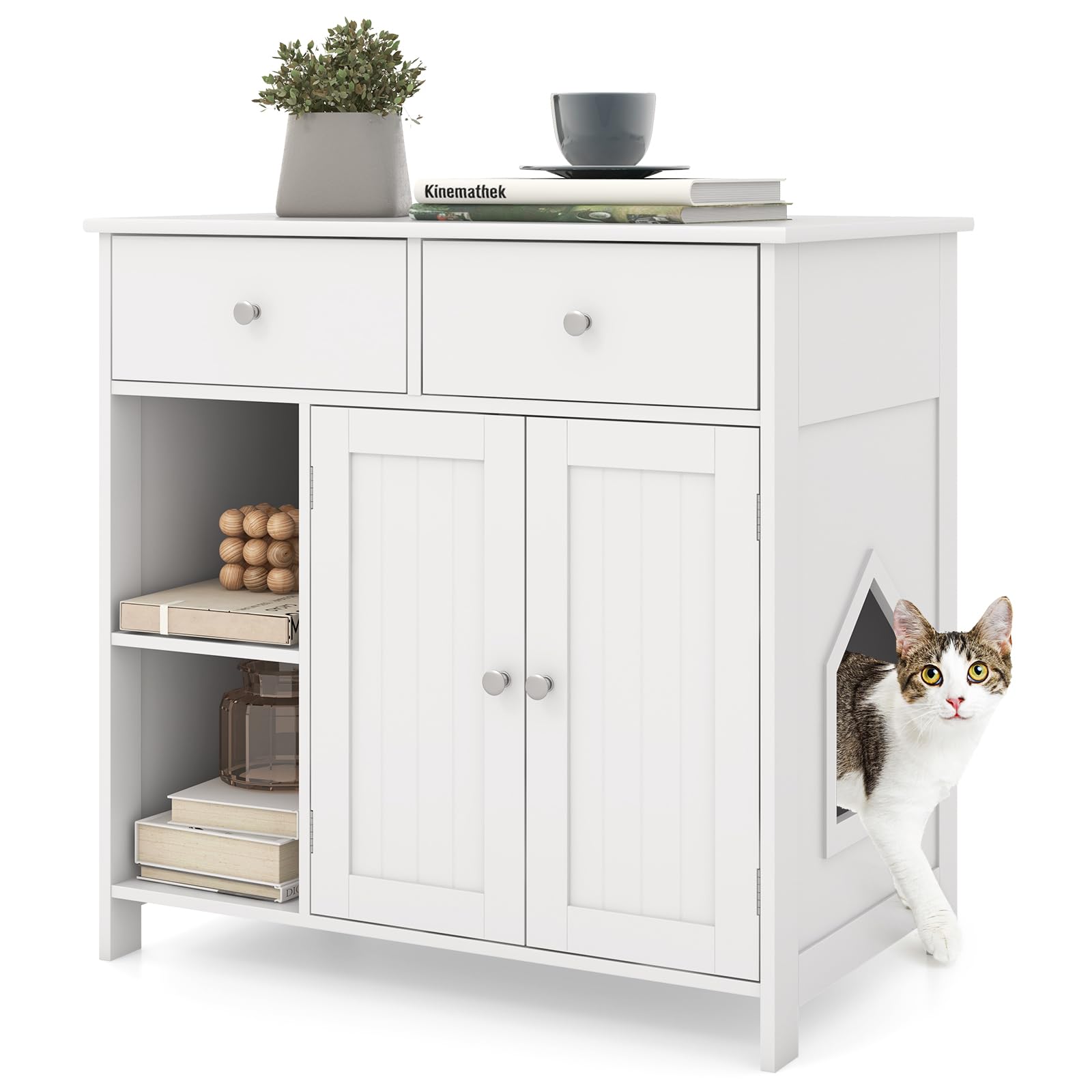Tangkula Litter Box Enclosure, 31.5 Inch Enclosed Cat Box Cabinet with 2 Storage Drawers, Double Doors & 2 Open Shelves, Hidden Cat Washroom, Modern Cat Litter Box Furniture for Indoor Cats