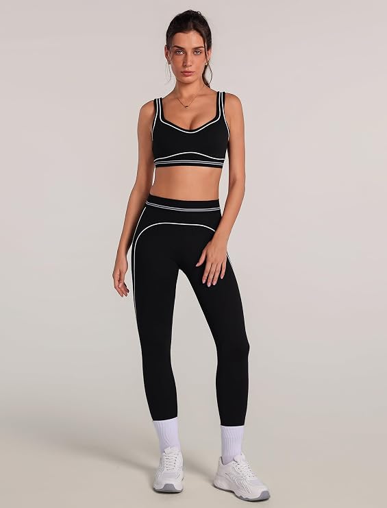 ABOCIW Women 2 Piece Workout Sets Color Block Sports Bra High Waist Tummy Control Leggings Gym Yoga Pilates Outfits