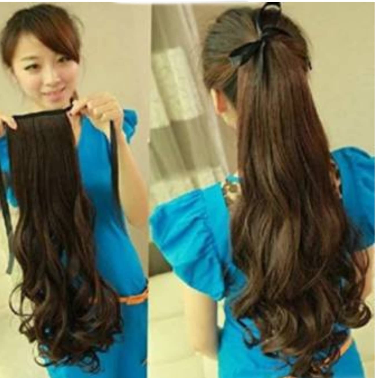 ALXSynthetic Curly Ribbon tie up Wrap around Ponytail Long Hair Extension (Brown) 22 inch Long Ponytail Hair Extension Juda Jura choti wig, Punjabi Parandi /Braid Hair Accessories For Women/Girls