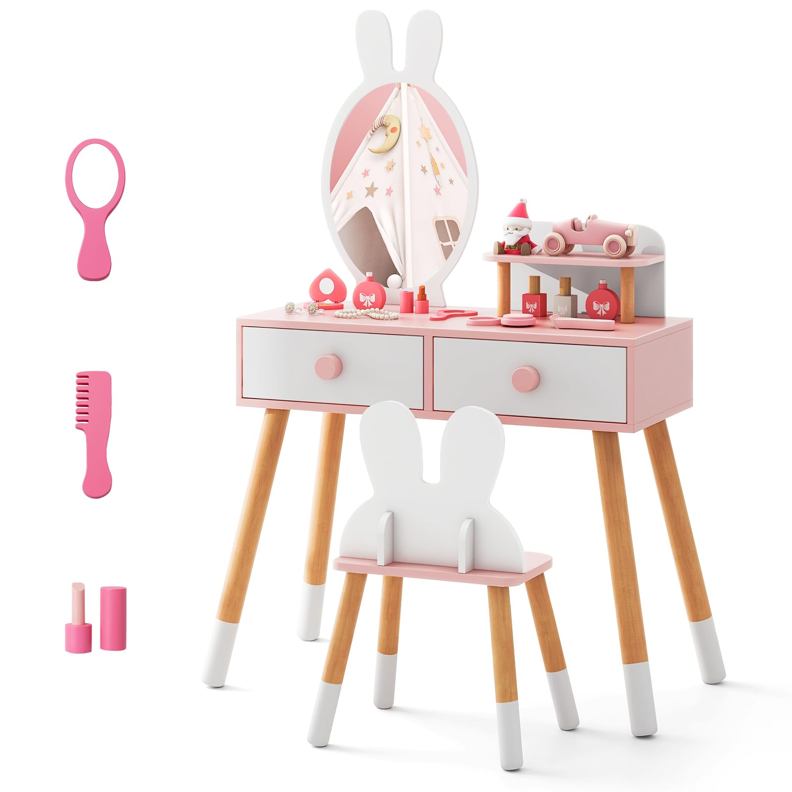COSTWAY Kinder Schminktisch Set mit Kaninchen Design, 2-in-1-Frisiertisch mit Spiegel, 2 Schubladen & Ablage, Schminkset mit Massivholzbeinen für Mädchen (Weiß)