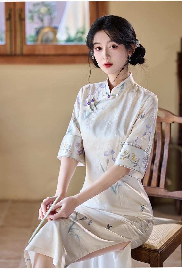 HEARTTOUCH Elegant Women's Embroidery Cheongsam Chinese Handcrafted Qipao Vintage Dress for Weddding Party Cocktail Evening