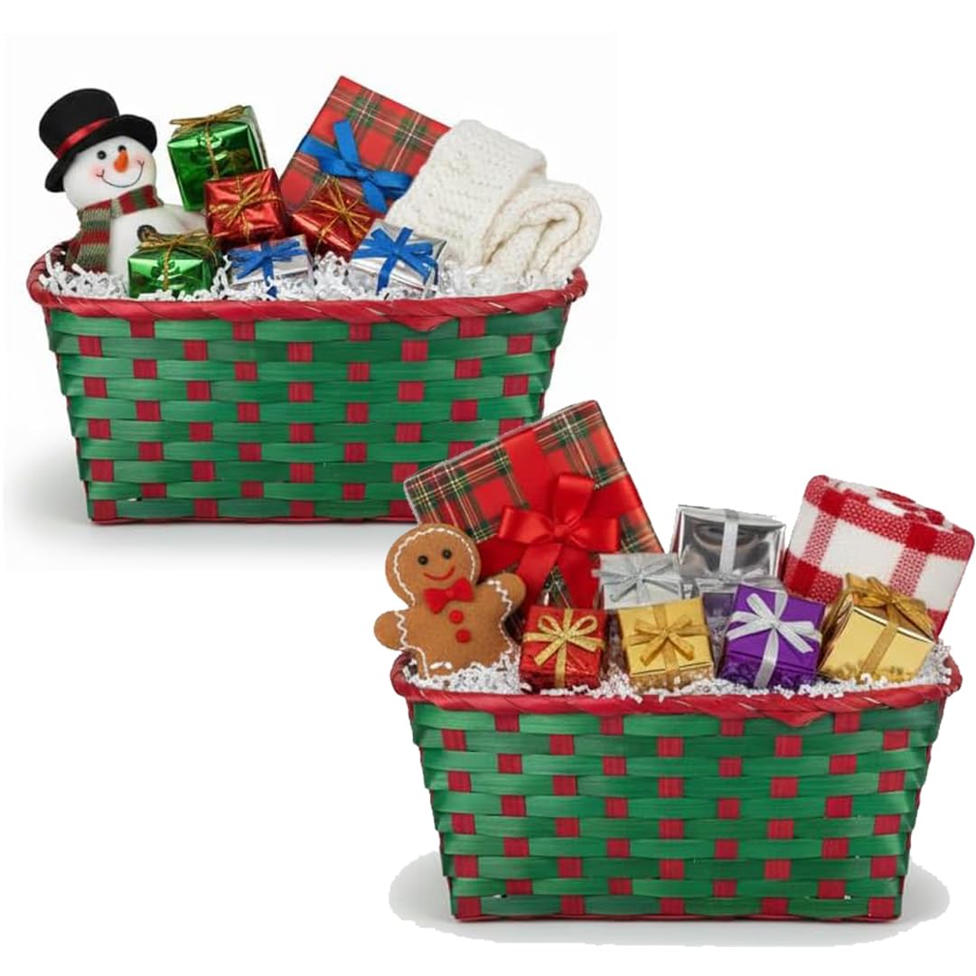 Almineez Set of 2 Bamboo Christmas Hamper Baskets – Red & Green Rectangular Woven Holiday Baskets for Decorations, Storage & Gift Giving – Eco-Friendly Reusable Christmas Decor Basket