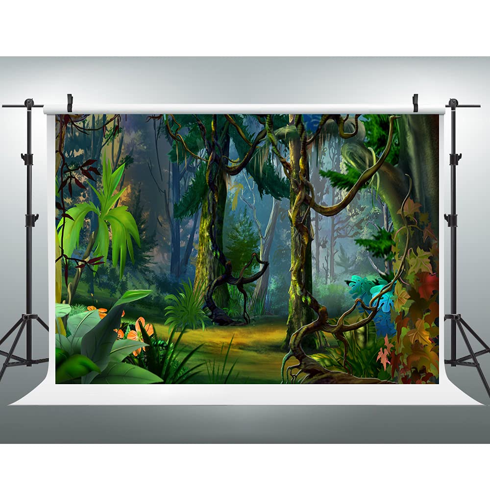 EOA 5(W) x3(H) FT Magical Jungle Fairytale Photography Backdrop Green Rainforest Tree Leaves Path Background Kids Birthday Banner Studio Props