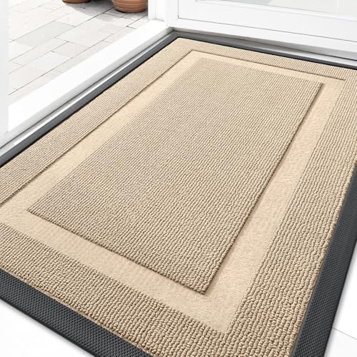 Image of OLANLY Front Door Mat Indoor Outdoor Entrance, Waterproof All-Season, All-Weather Doormat, Sturdy Natural Rubber, Low Profile, Easy Clean Patio Porch Entryway Mat, 29.5x17, Off-White