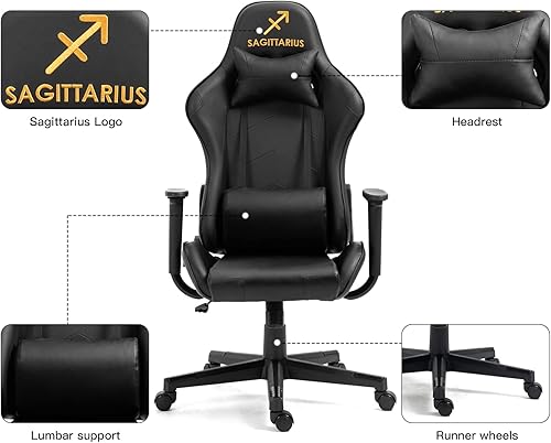 Miniatura 143 de Modern-Depo Black Virgo Zodiac - Silla de juegos con diseño ergonómico, giratorio y reclinable ajustable, capacidad de carga de 330 libras Virgo