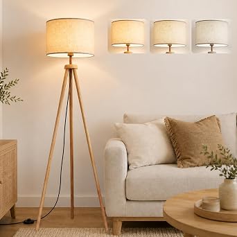 Wooden Tripod Floor Lamp with Remote Control, Dimmable 3 Color Temperatures Linen Shade Standing Lamp Mid Century Modern Floor Lamp for Living Room Bedroom Office Bulb Included