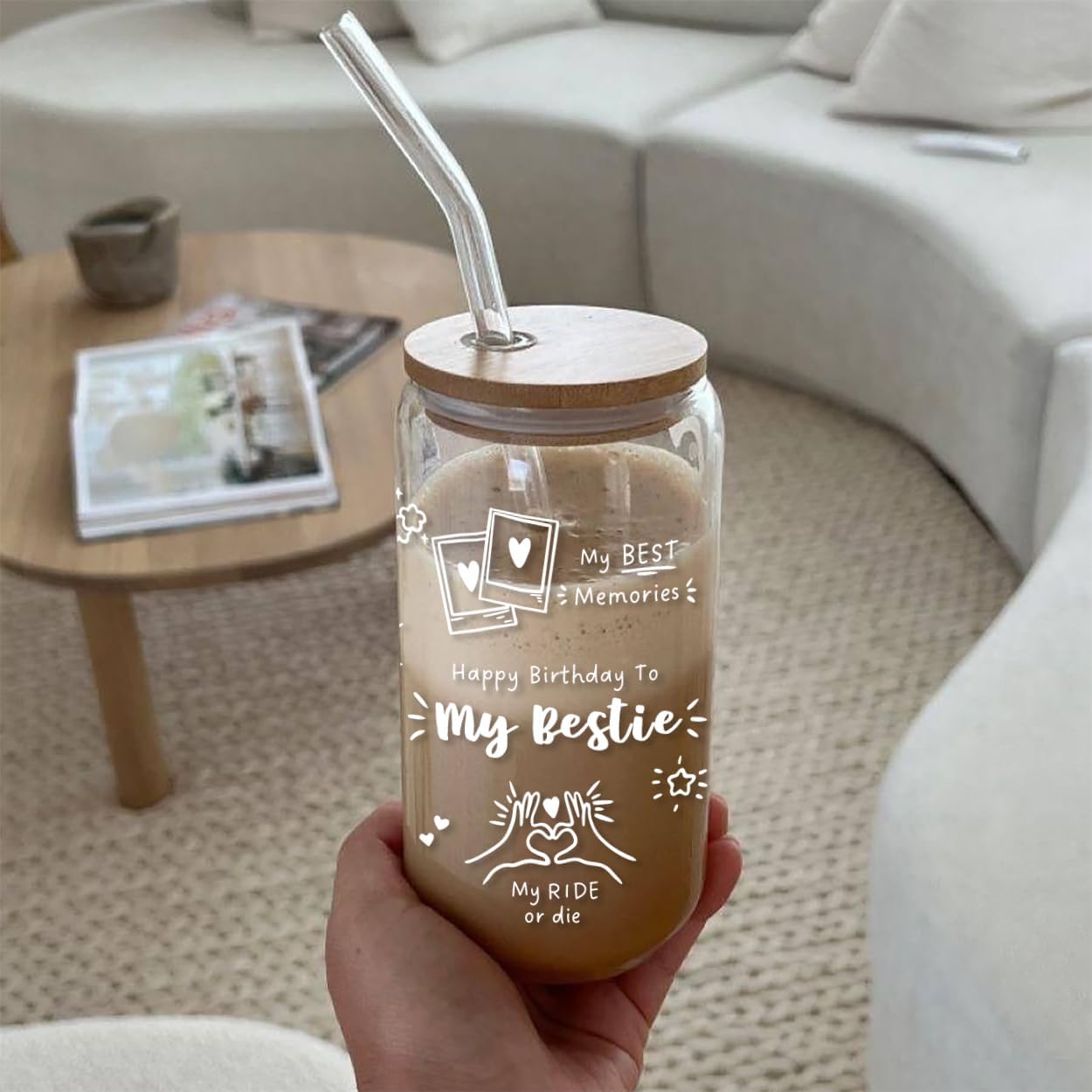 Best Friend Birthday Gifts for Women Friendship - Happy Birthday to My Bestie Glass Cups with Lids and Straws, Funny Presents for Bff Friends Coworkers Unique, Cute Iced Coffee Cup, 16 oz - Image 8