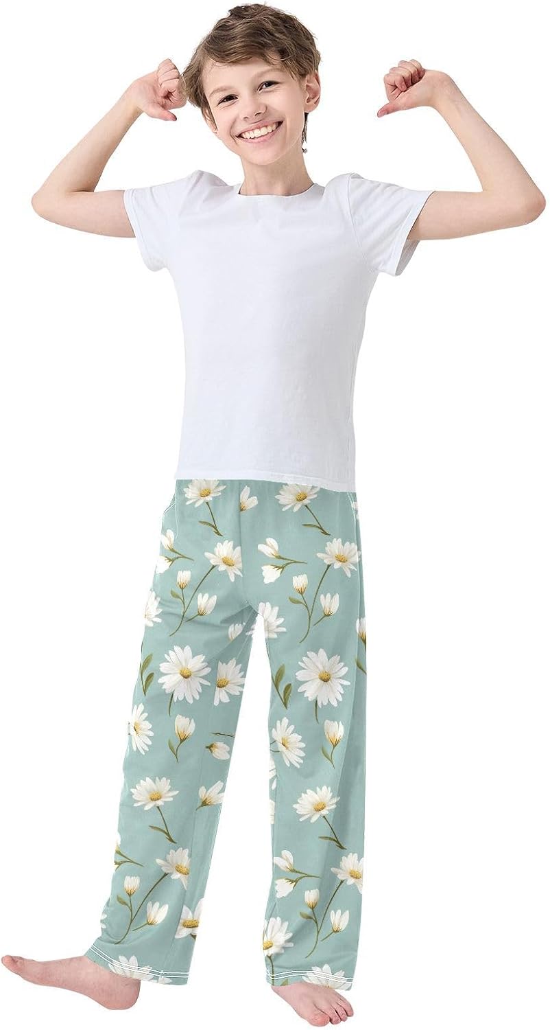 Teal Blue Daisy Flower Pajama Lounge Pants Sleepwear Long Pajama Bottoms with Pockets Elastic Waist for Christmas