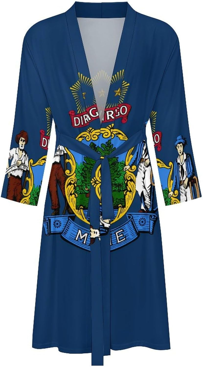 Flag of The State of Maine Mens Robe Long Bathrobe for Women Bath Robes Lightweight Soft Printed Sleepwear