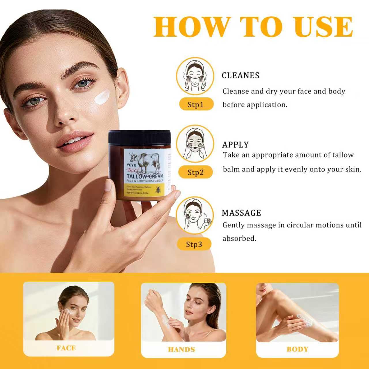 Beef Tallow for Skin,Grass-Fed Beef Tallow & Honey Balm,Deeply Hydrating Face & Body Cream with Natural Beeswax,Repairing Moisturizer for All Skin Types,Face Creams120g/4.2oz(Honey Scent)