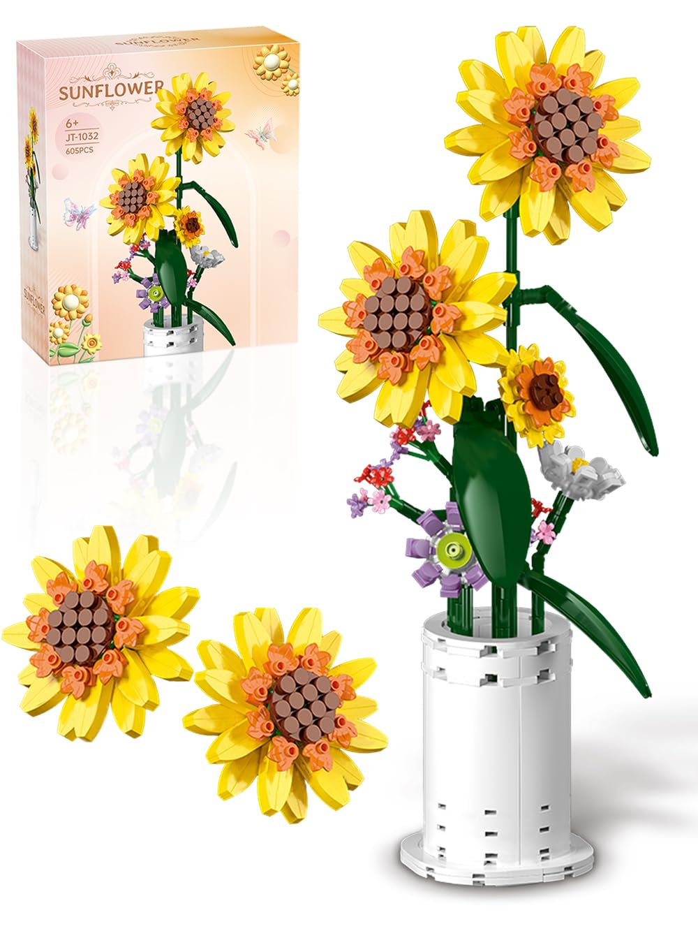 AMSHINE Sonnenblumen Bouquet Baustein Set, Blume mit Vase Building Toys, Home Garden Office Dekors und Party Gunst Geschenk für Erwachsene Kinder Mädchen Jungen