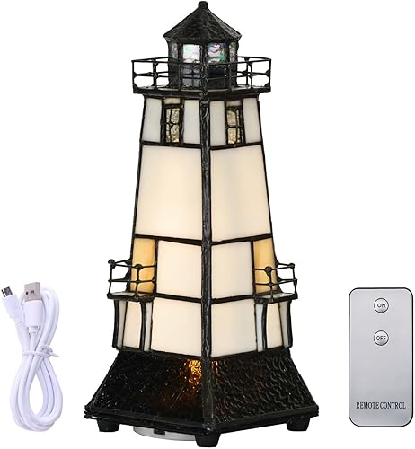 Bieye L10727 Lighthouse Tiffany Style - Lámpara de mesa decorativa con vitral, luz nocturna con plataforma de mirador para decoración del hogar (5 x