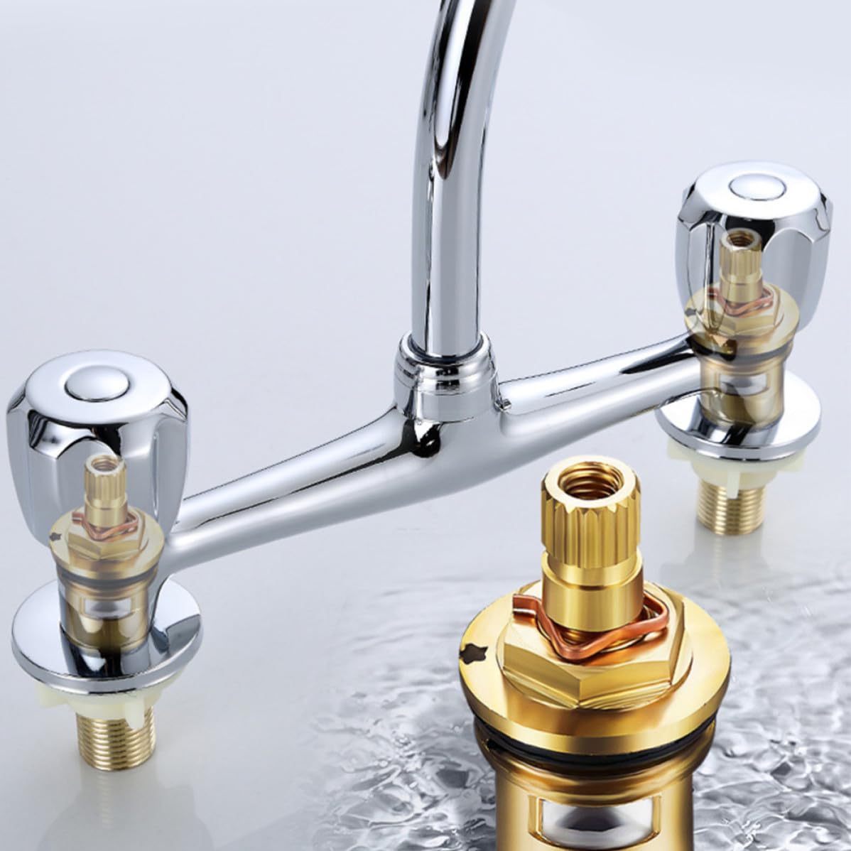 Rubinetto Bagno a Doppio Foro in Rame Doppia Maniglia | Acqua Calda e Fredda, Rotazione a 360 Gradi, Regolazione Indipendente, Finitura Argento per Lavabo