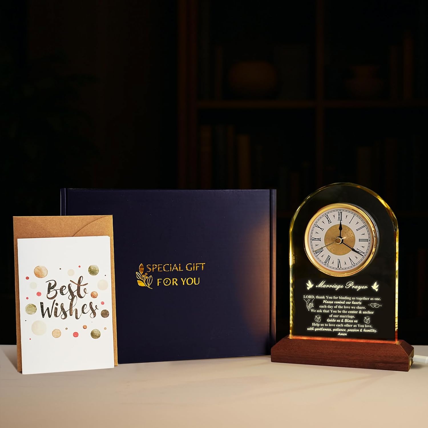 Wedding Gifts for Newlyweds Couples — Elegant Glass Desk Clock with Wooden Light Base, Marriage Gift for Bride & Groom, Mr and Mrs Keepsake, Engagement & Bridal Shower Gifts, Gift Box & Card