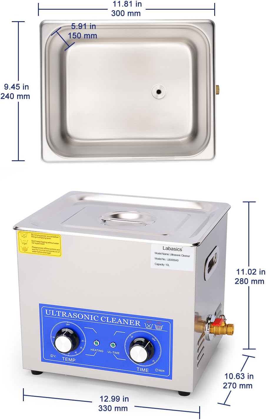 Labasics Ultrasonic Cleaner, 304 Stainless Steel All-Purpose Ultrasonic Washing Device with Mechanic Control Panel of Heating and Timer for Laboratory 40kHz 110V, 10L