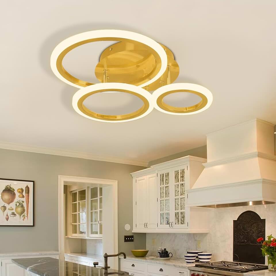 Luminária de Teto Minimalista 3 Anéis Dourada, Ajustável 3 Temperaturas de Cor, LED Dimerizável, Lustre Moderno para Cozinha, Quarto, Sala de Estar, Corredor (3 Anéis)