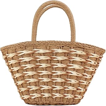 Women Straw Woven Tote Bag Fashion Woven Large Capacity Handwoven Shoulder Bag Zipper Closure Handmade Straw Bag Top-handle