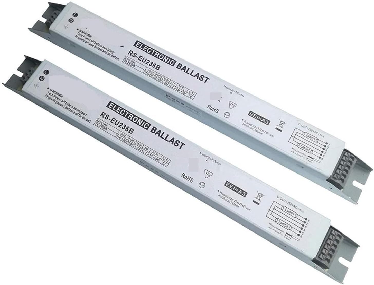 CAARLA Electronic Ballast RS-EU236B T8 Electronic Ballasts 110V 2x36W Lighting Starter for 2 Fluorescent Lamps and Printing-Down Lamp, 2-Pack