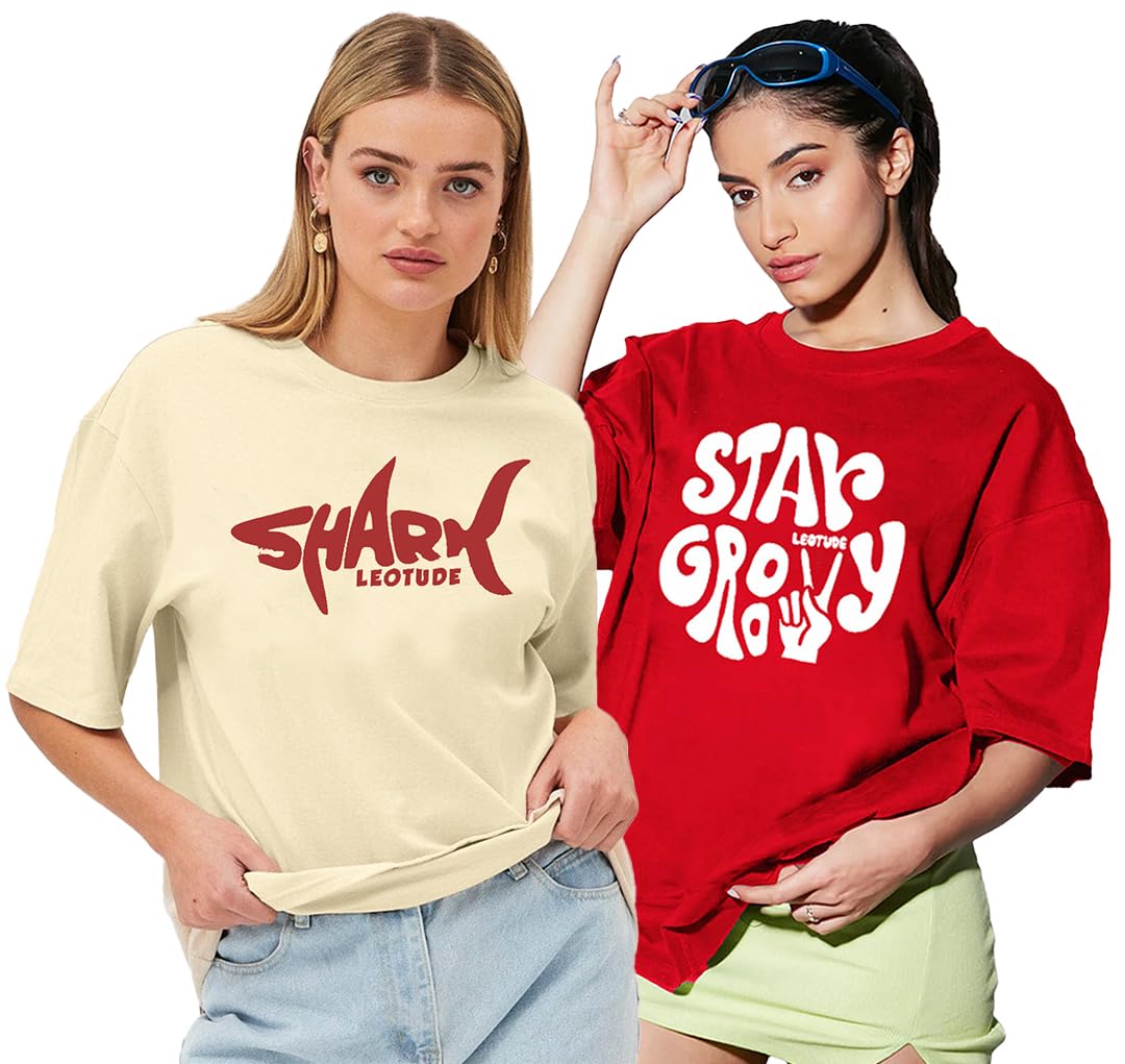 leotude Women's Cotton Round Neck Oversized Half Sleeve T-Shirt Combo (Pack of 2)-picture-19