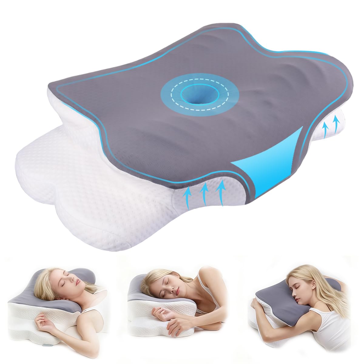 Memory Foam Pillow, Adjustable Butterfly Ergonomic Pillow, Cervical Neck Pillow for Pain Relief Contour Ergonomic Orthopedic Support Bed Pillow for Side Back Stomach Sleepers, Cooling Washable Cover