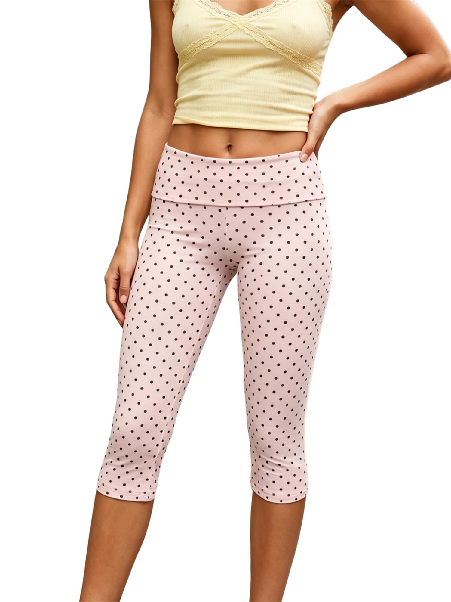 SANSIWU Women Fold Over Polka Dot Capri Leggings Stretch Slim Yoga Cropped Pants (A-Pink, L)