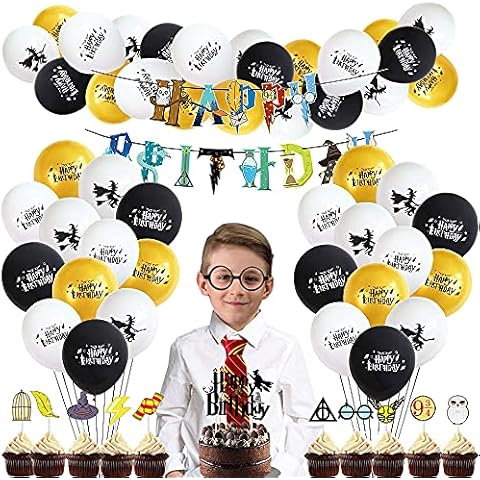 Birthday Party Decoration Harry Potter Party Supplies Boys Magical Wizard Themed Party Decorations Balloons Cupcake Toppers Happy Birthday Banner Striped Tie Glasses Frame Party Supplies Cover