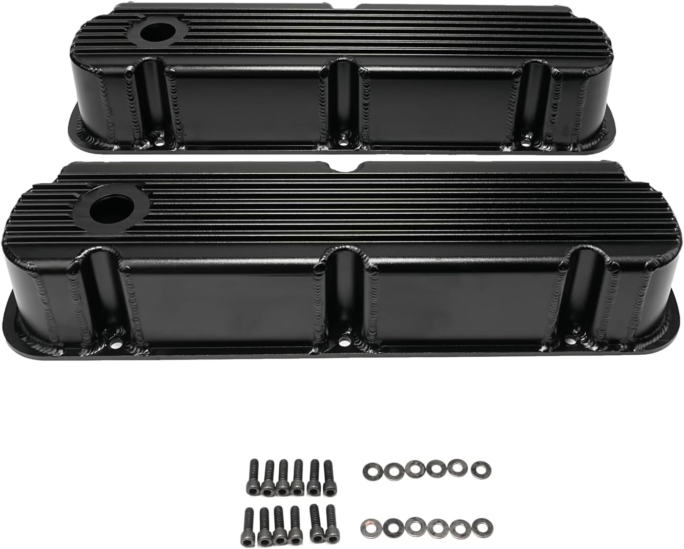 SBF Small Block For Ford 260 289 302 351W Finned Fabricated Aluminum Tall Valve Covers Set (Black)