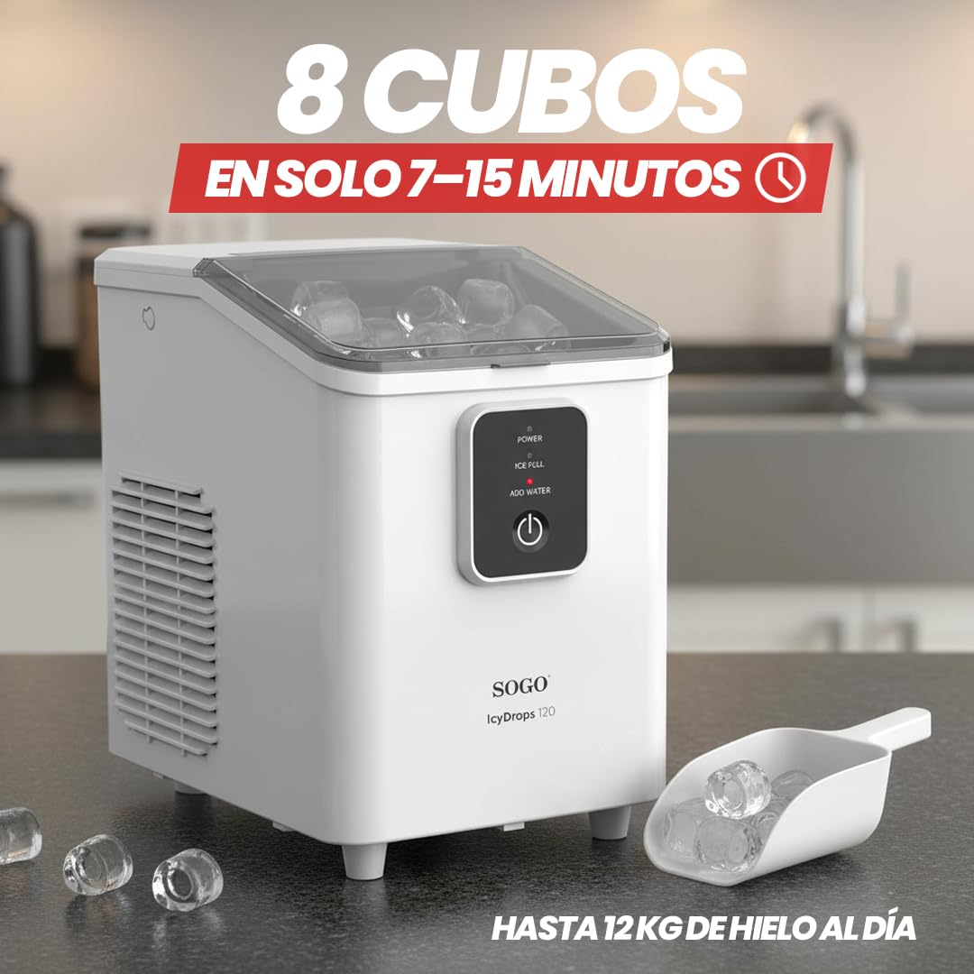 SOGO Máquina de Hielo Compacta para Hogar y Oficina 12kg/día - Fabricadora de Hielo Rápida 8 Cubos por Ciclo - Función Autolimpieza - Máquina para Hacer Hielo con Depósito 1,8L - Avisos Inteligentes