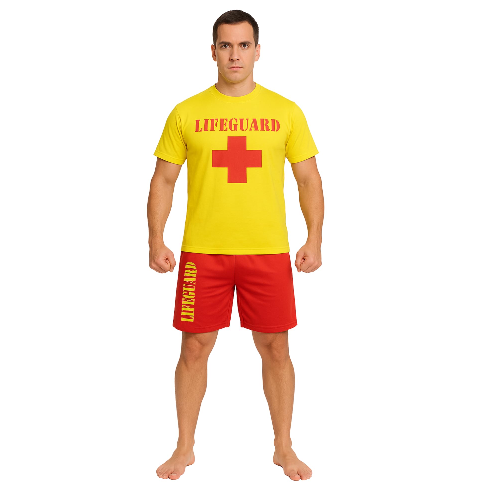 Fna Fashions Men's As Shown In Picture Lifeguard T-Shirt And Short Set Beach Bay Life Saver Costume (: Medium)