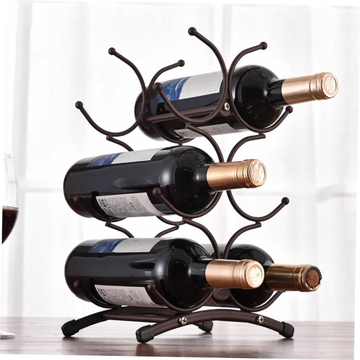 GALPADA Detachable Iron Wine Holder Stand 6-Bottle Rack Vintage Copper Countertop Wine Storage Display for Home Dining Room
