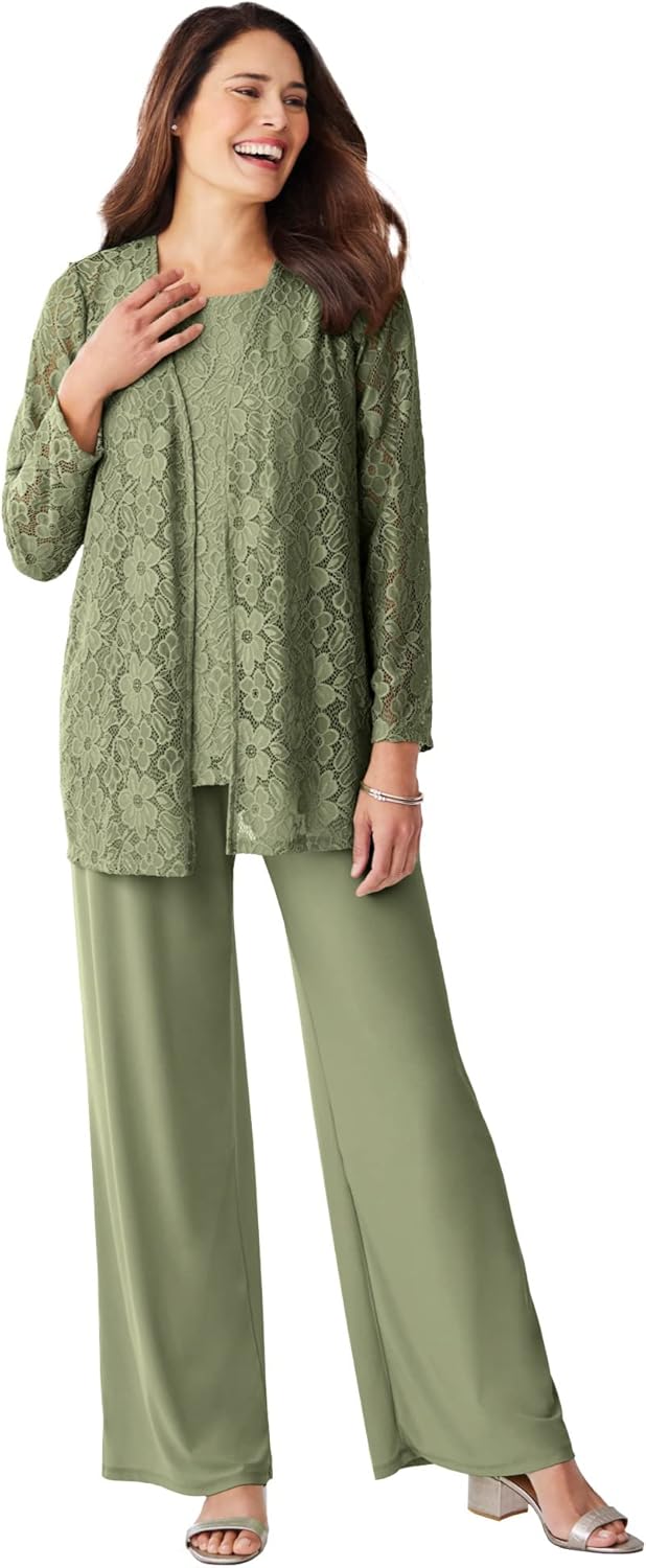 Woman Within Plus Size 3-Piece Lace Jacket/Tank/Pant Set