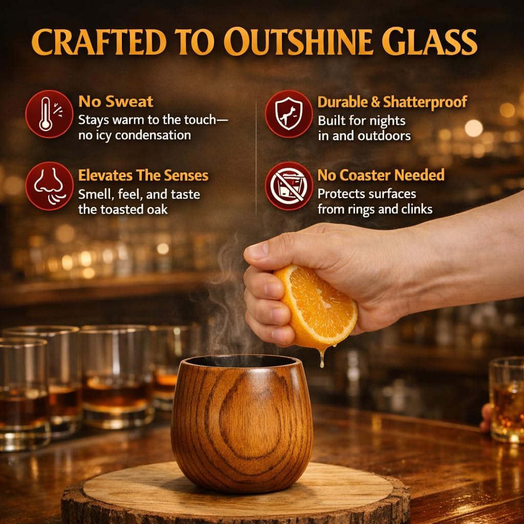 Charred Wooden Bourbon Drinking Glass (Set of 2) – Hand Carved Whiskey Glass with Real Fire Charred Interior – Wooden Bourbon Tumbler Gift Box for Men, Dad, Husband – Unbreakable Old Fashioned Cup