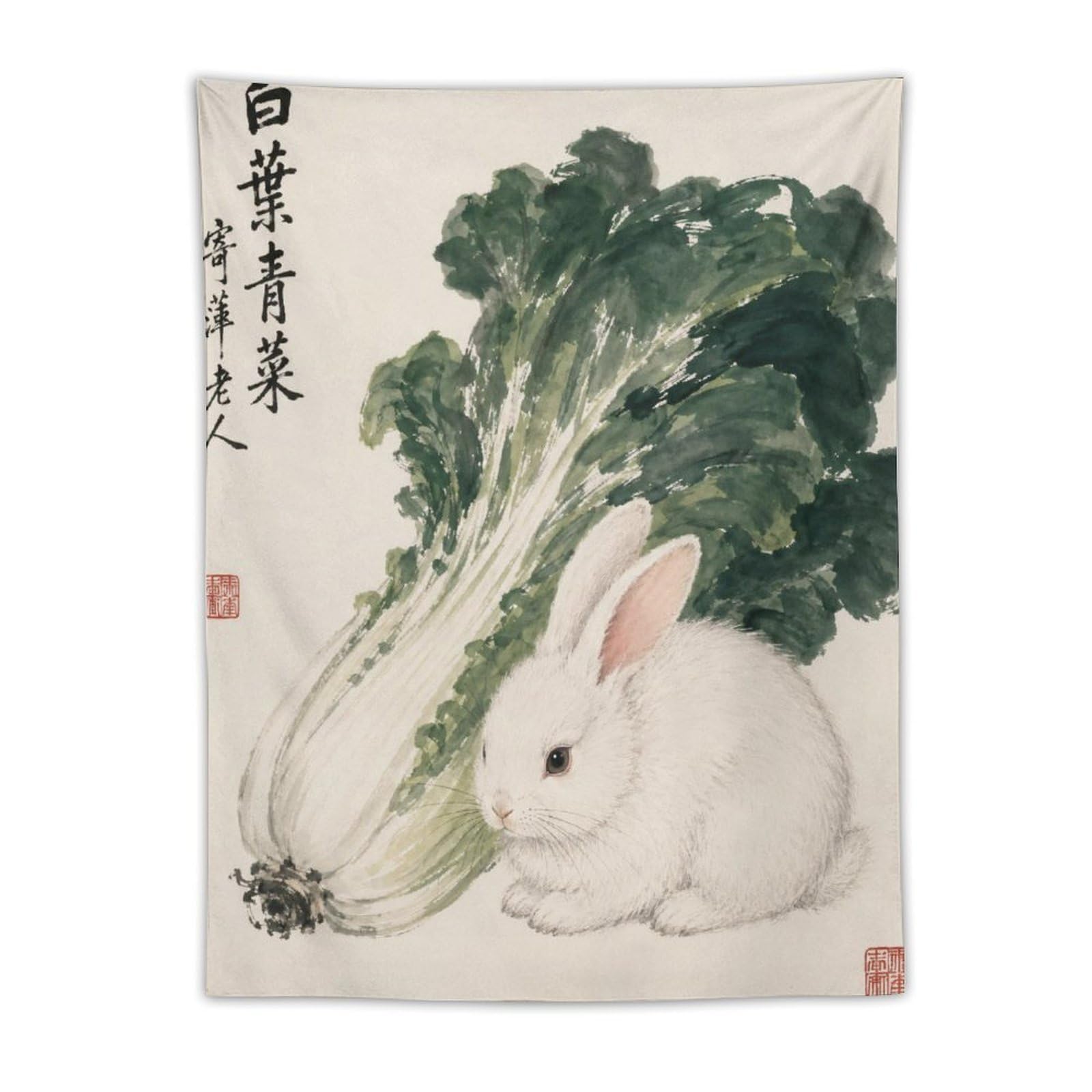 H3B8U2Y5 White Rabbit with Bok Choy Wall Tapestry, Asian Ink, College Dorm