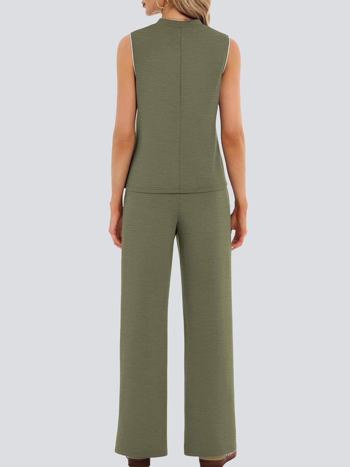 Casly Lamiit Women's 2 Piece Outfits Summer Casual Mock Neck Sleeveless Top Wide Leg Pant Sets Front Slits Travel Sweatsuit - Image 4