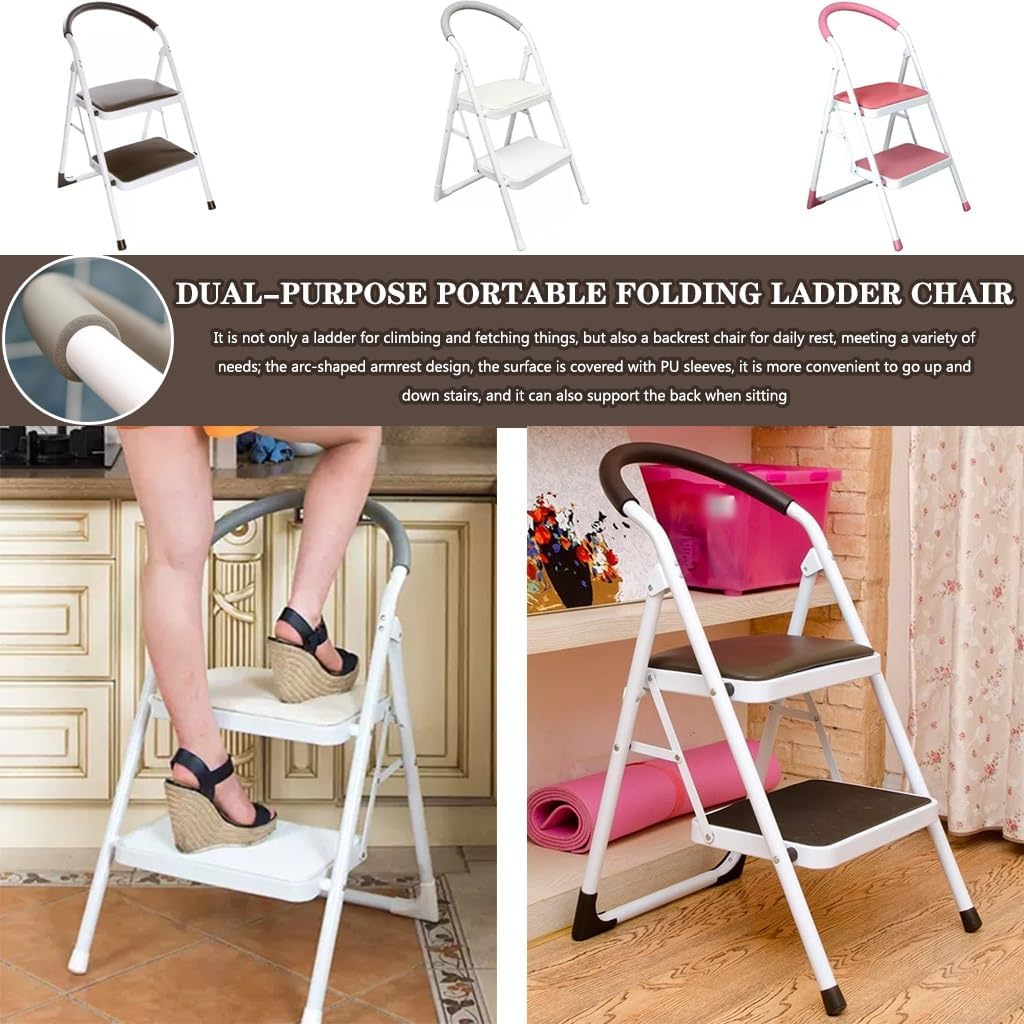 Step Chair for Kitchen Dual Purpose Portable Folding Ladder Chair with Rounded Armrests, Living Room Double Layer Wrought Iron Back Chair, No Assembly Required (Color : White, Size : 82 * 52 * 47cm)