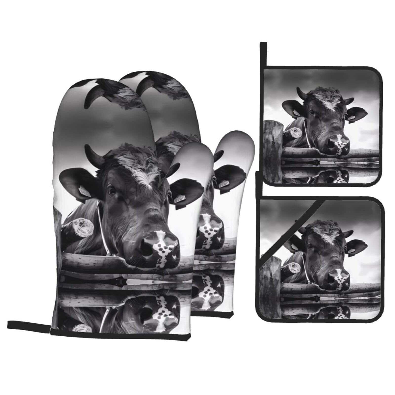 YYHHAOFA Cow Wooden Fence Prints Kitchen Baking Set with Heat Resistant Pot Holders & Oven Mitts - Waterproof Layer for Hot Dishes, Grill & Microwave
