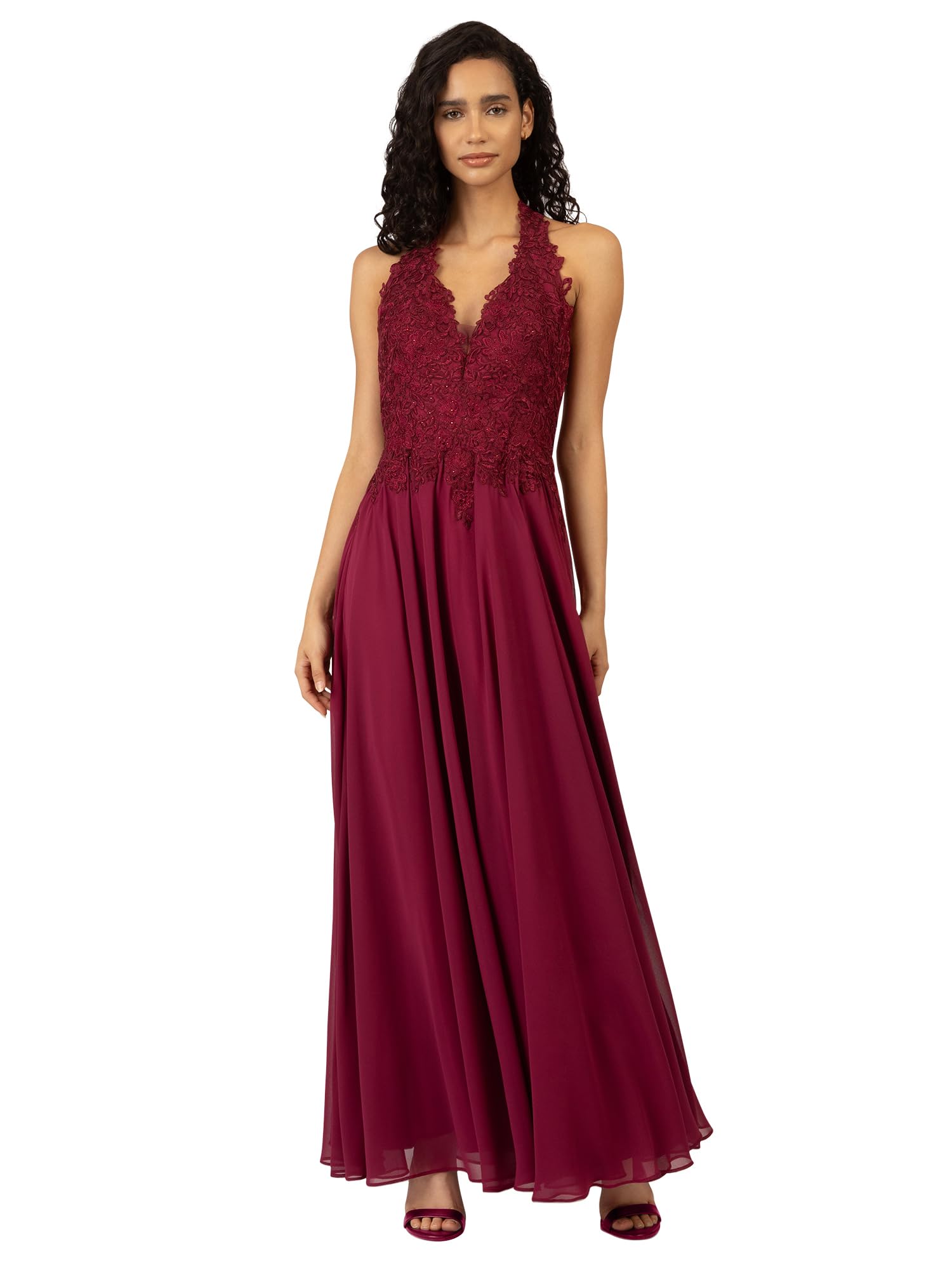 ApartFashion Damen langes ärmelloses Abendkleid - Rückenfreies Chiffon Partykleid, Blumenapplikation & Strasssteine, weit schwingender Rock für besondere Anlässe