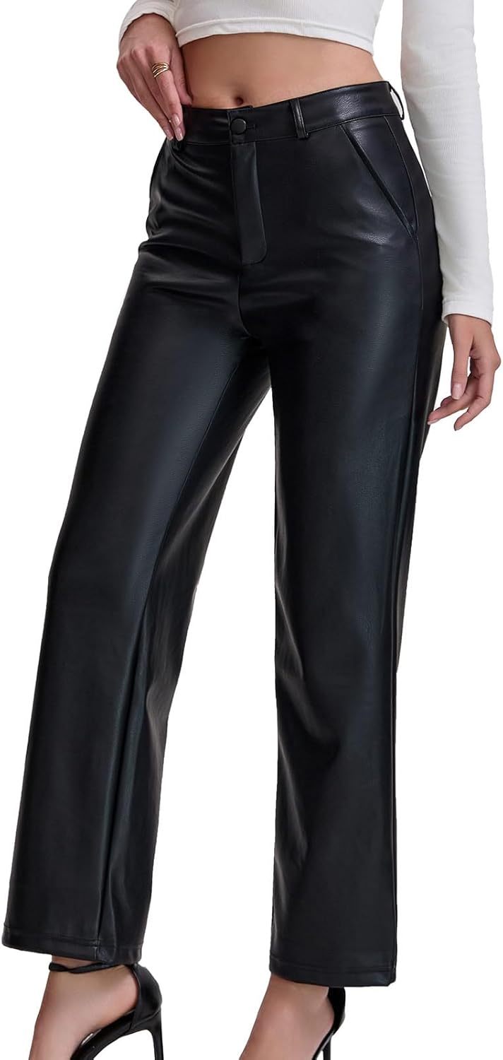Women’s High Waist Faux Leather Pants PU Straight Leg Wide Leg Trousers with Pockets - Image 3