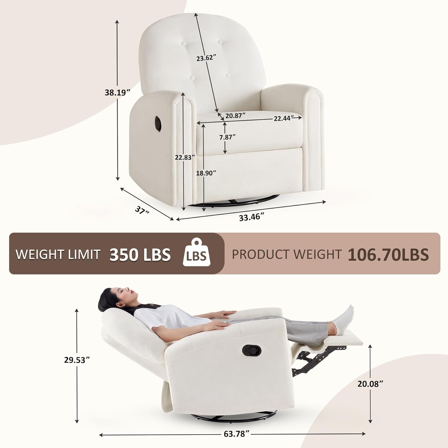 VANOMi 360 Swivel Rocker Recliner Chair, Nursery Rocking Chair with Tufted Backrest, Manual Recliner Chairs for Small Spaces, Upholstered Glider Nursing Chair for Living Room, Bedroom (White)