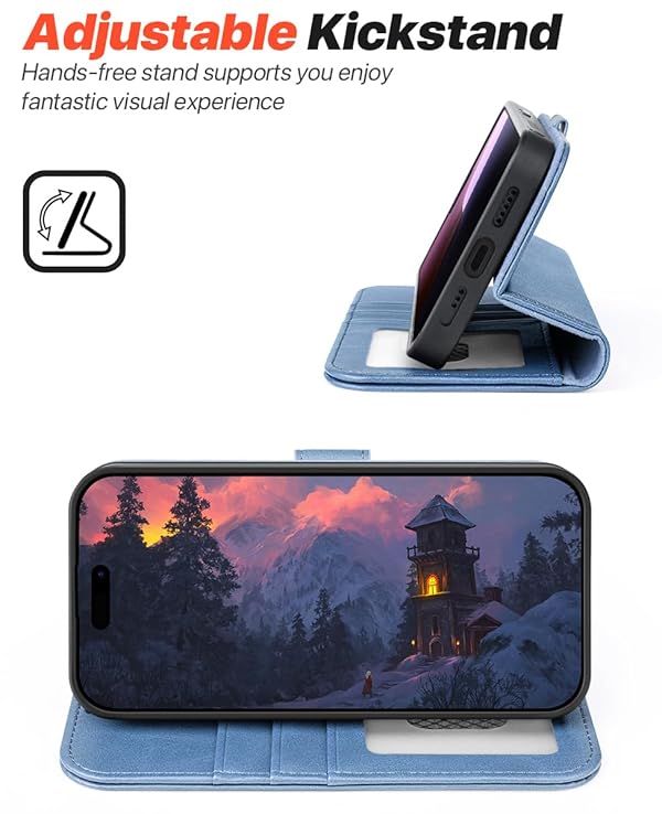 OCASE Compatible with iPhone 16 Wallet Case with Card Holders, Magnetic Detachable 2 in 1 Flip PU Leather Phone Case Cover Folio RFID Blocking Kickstand for 6.1 Inch iPhone16-Light Blue by OCASE - Image 6