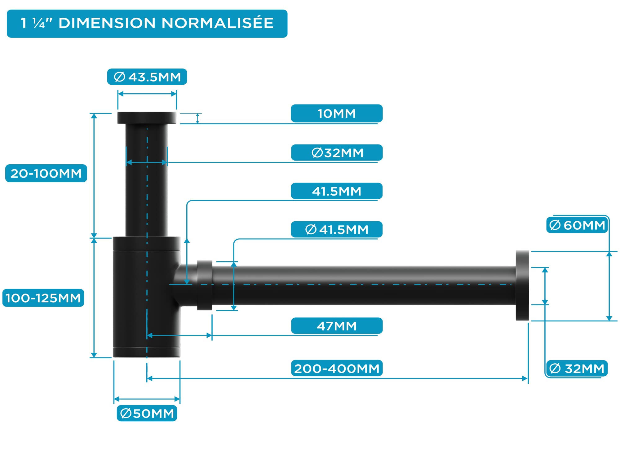 Aqua Bagno - siphon flexible pour lavabo - bonde pour lavabo - siphon avec ouverture de nettoyage siphon design noir mat