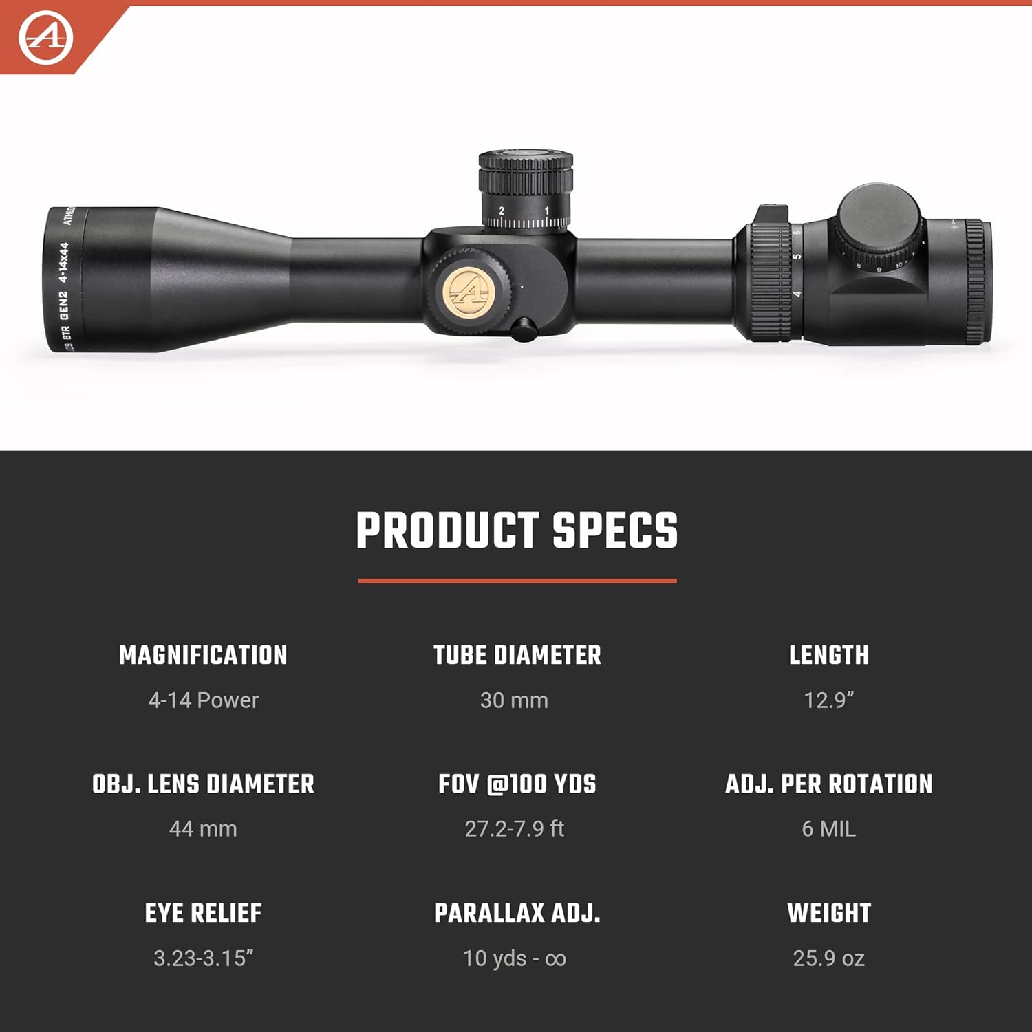 Athlon Optics 215029: Talos BTR 4-14X44, Gen2 Riflescope Direct Dial, Side Focus 30Mm Tube Ffp, Aplr2 Ffp Ir-Mil