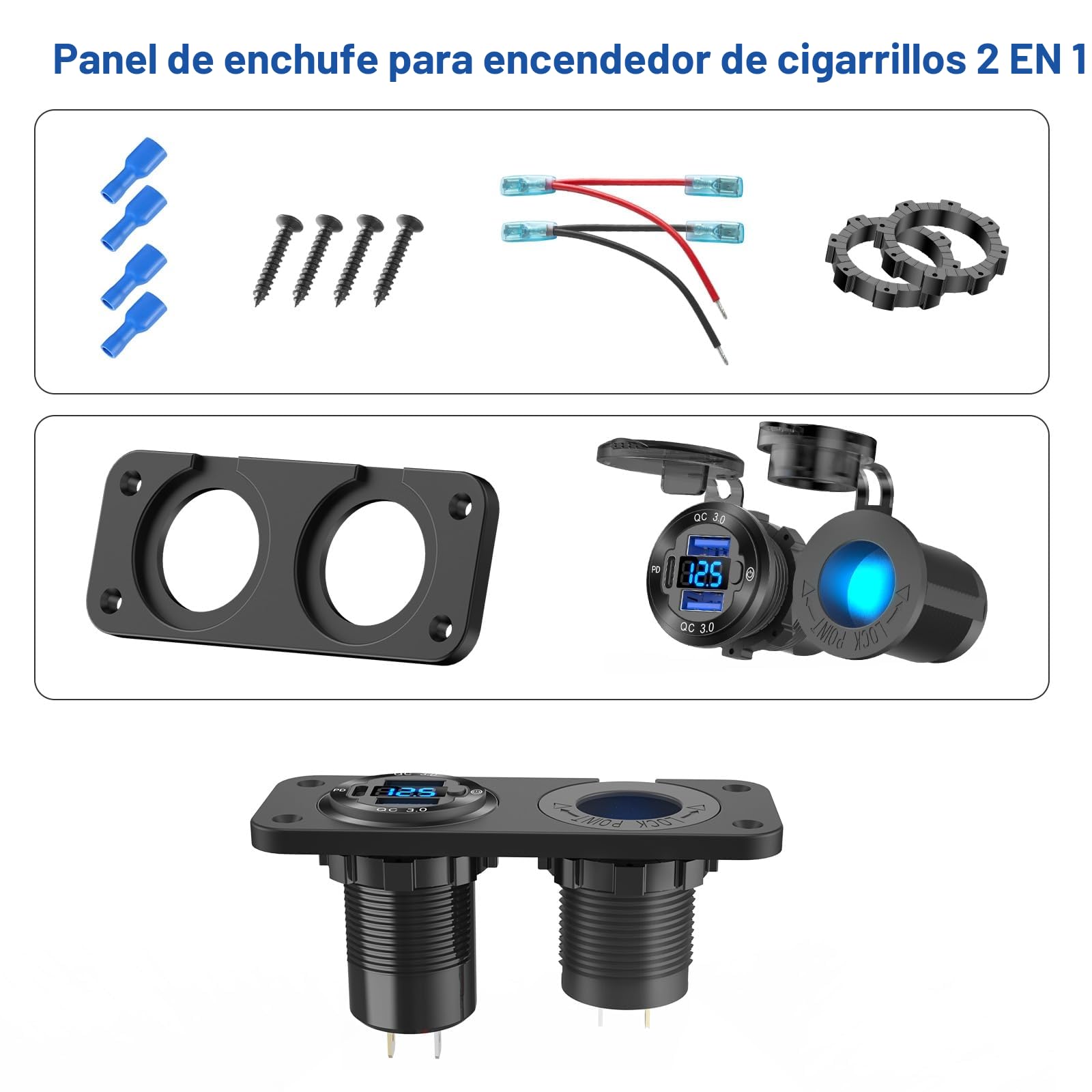 Toma USB 12V Marina Interruptor Panel Enchufe, PD3.0 y Doble QC3.0 Puertos USB Cargador Coche Aluminio con LED Voltímetro, 150W Enchufe Mechero Iluminado 12v empotrable 2 en 1 para Barco Camper, etc.