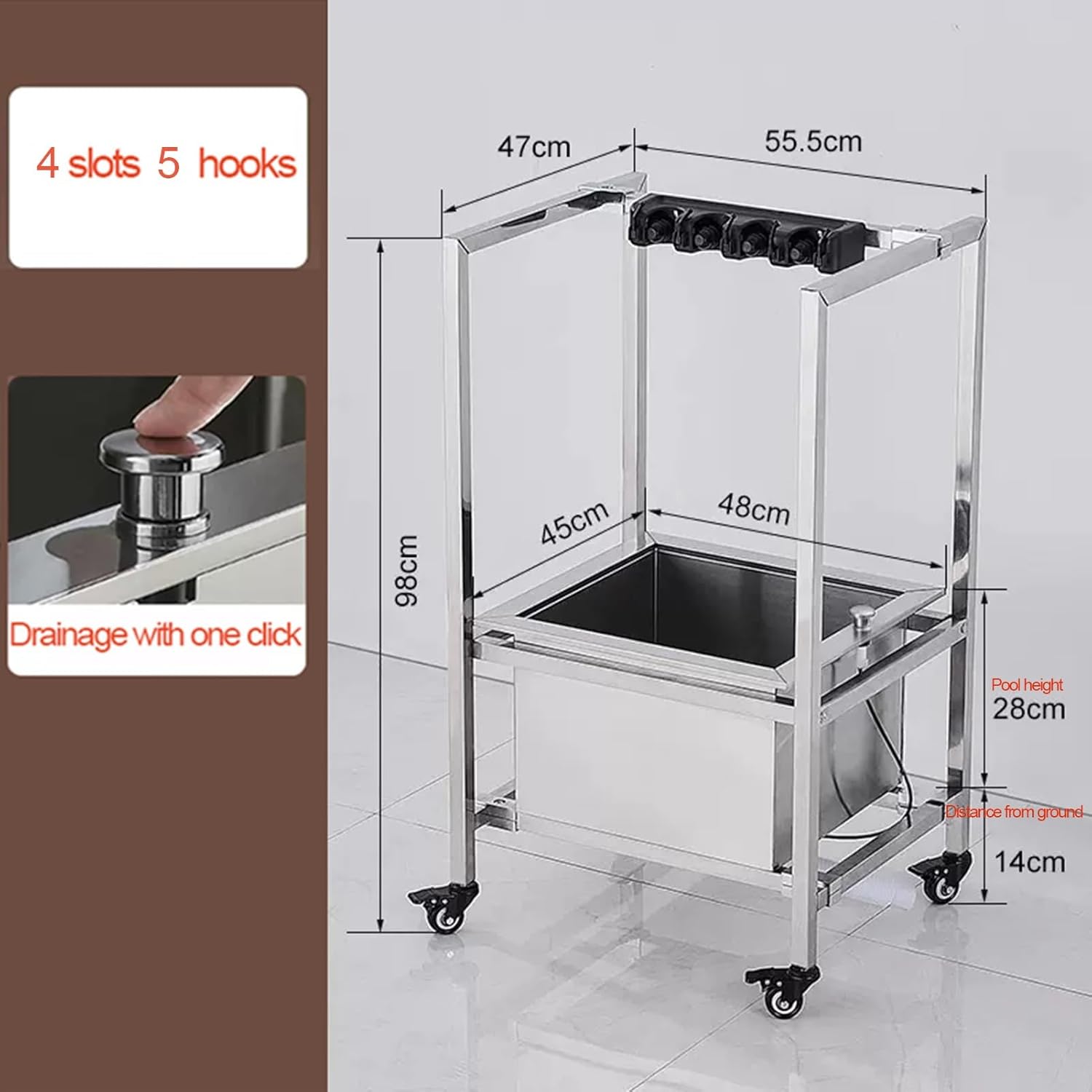 Movable Broom Mop Holder, Hand Trucks Broom, Umbrella Storage Stand, Commercial Cleaning Tool Cart, Include Armrests Drain Button (Color : Silver, Size : 47X80X98CM(10slots)) (Silver 47X55.5X98CM