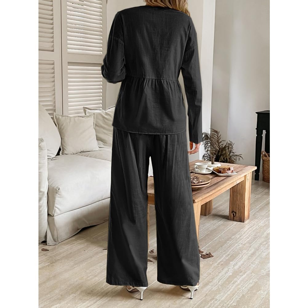 Generisch Set da donna casual in due pezzi autunno felpa con scollo a V, pantaloni larghi a gamba larga, tuta con bottoni, abbigliamento invernale