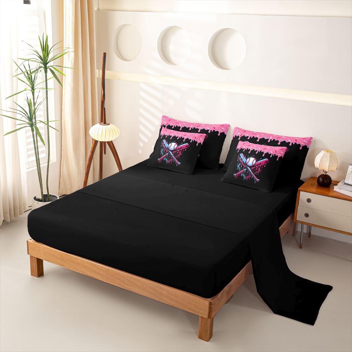 Loussiesd Juego de funda de edredón de béisbol tamaño Super King de 7 piezas, ropa de cama para niños y niñas, juego de cama con funda de edredón, sábanas, fundas de almohada, fundas de cojín