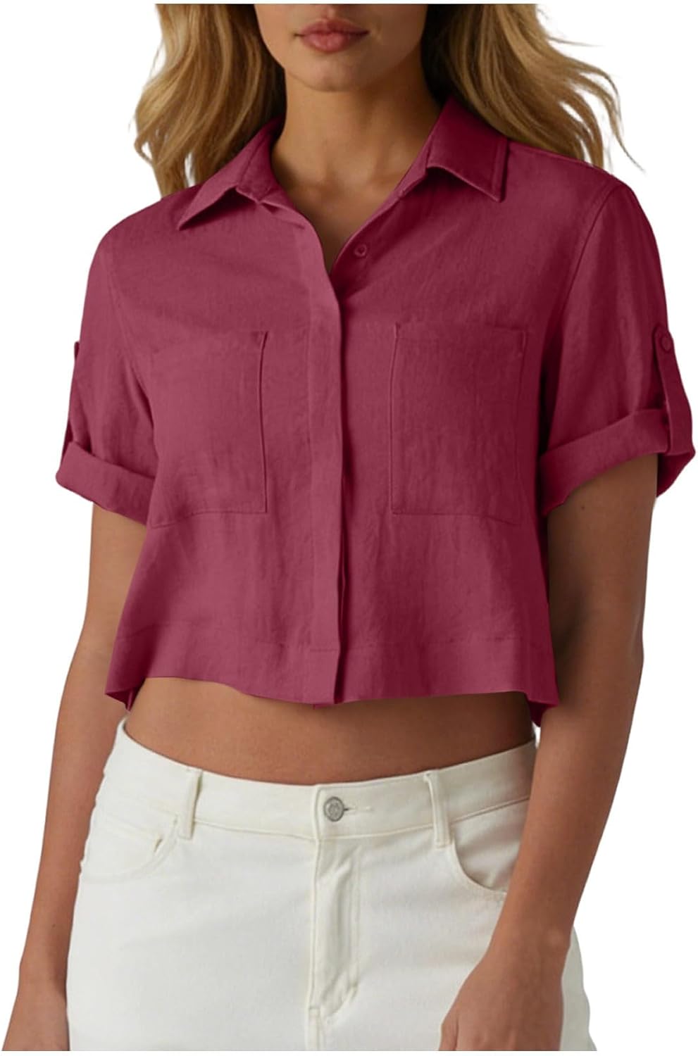 Womens Summer Tops Cotton Linen Crop Blouses Roll Up Short Sleeve Button Down Gauze Shirts Loose Trendy Clothes